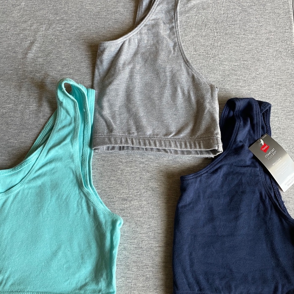 Hanes Ribbed Crop Tank Tops - Gray, Aqua, Navy (3-Pack)